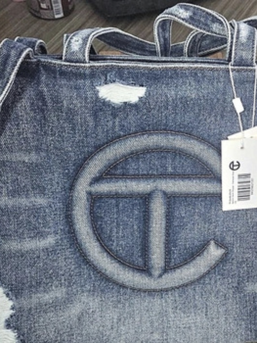 Telfar Medium Denim Shopper - Distressed Blue Tote Blue & White